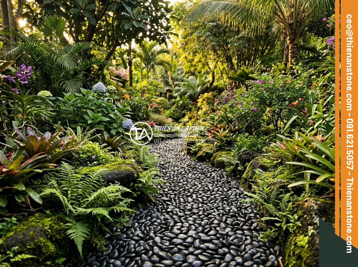 Sỏi Rải Sân Vườn - Hình 41 Sỏi Rải Sân Vườn - Mature established garden with aged natural pebble pathways, lush overgrown bord