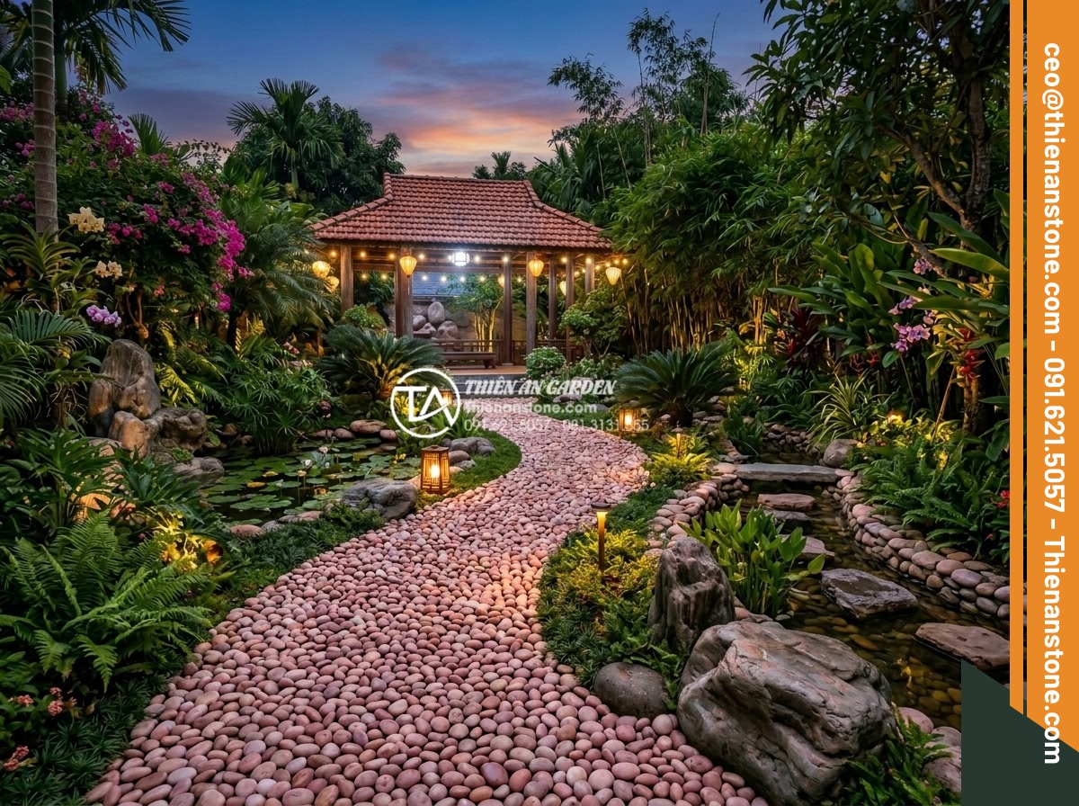 Sỏi Rải Sân Vườn - Hình 42 Sỏi Rải Sân Vườn - Inspiring complete garden landscape with pebble pathways, beautiful planting, de