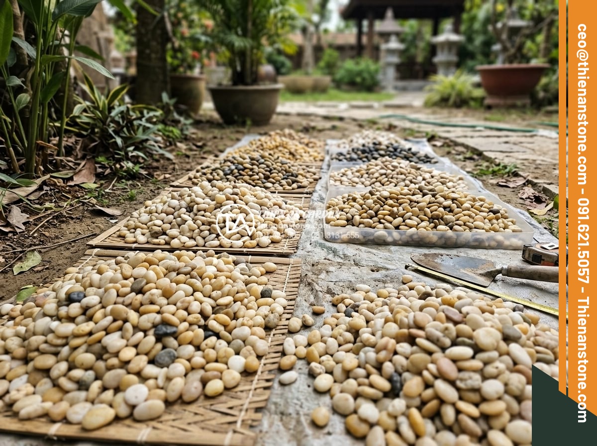 Sỏi Rải Sân Vườn - Hình 6 Sỏi Rải Sân Vườn - Garden designer examining and sorting different types of natural pebbles for lan