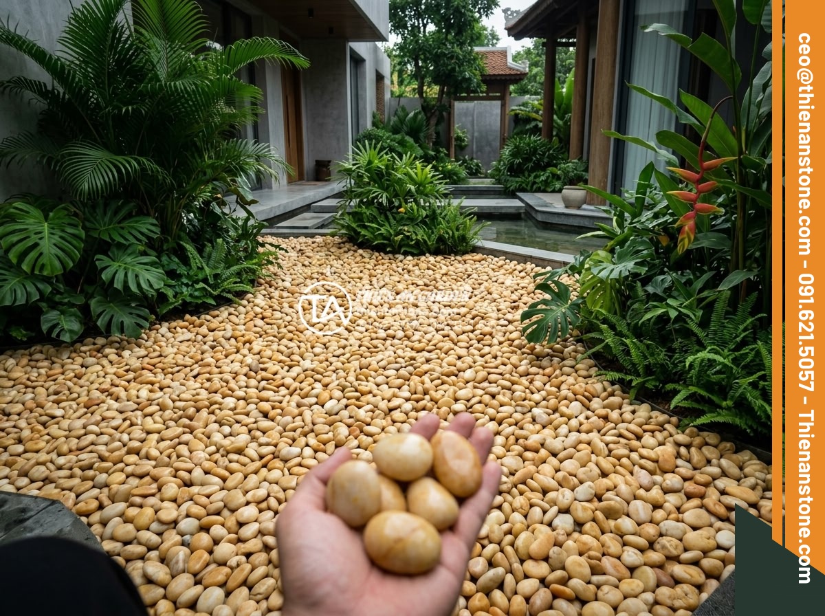 Sỏi Rải Sân Vườn - Hình 8 Sỏi Rải Sân Vườn - Black polished basalt pebbles covering a modern garden bed area around ornamenta