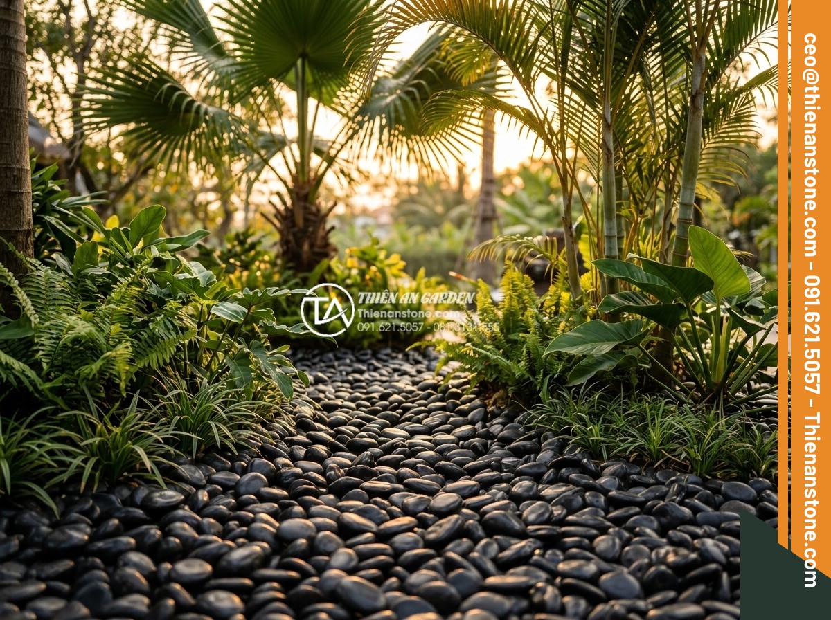 Sỏi Rải Sân Vườn - Hình 9 Sỏi Rải Sân Vườn - Golden and brown natural river pebbles spread around tropical garden plants with