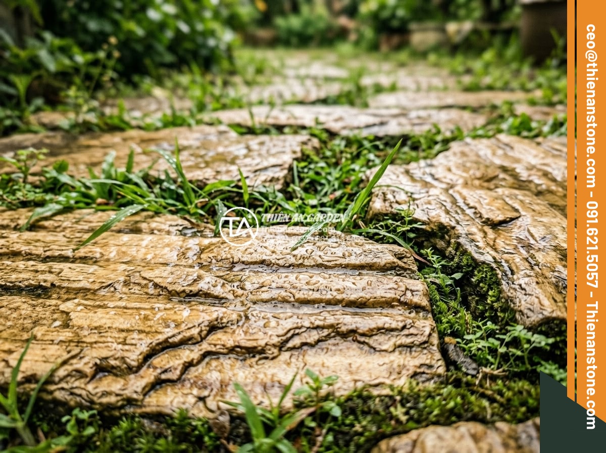 Thiết Kế Sân Vườn - Close-up macro photography of natural stone pathway with grass growing between j
