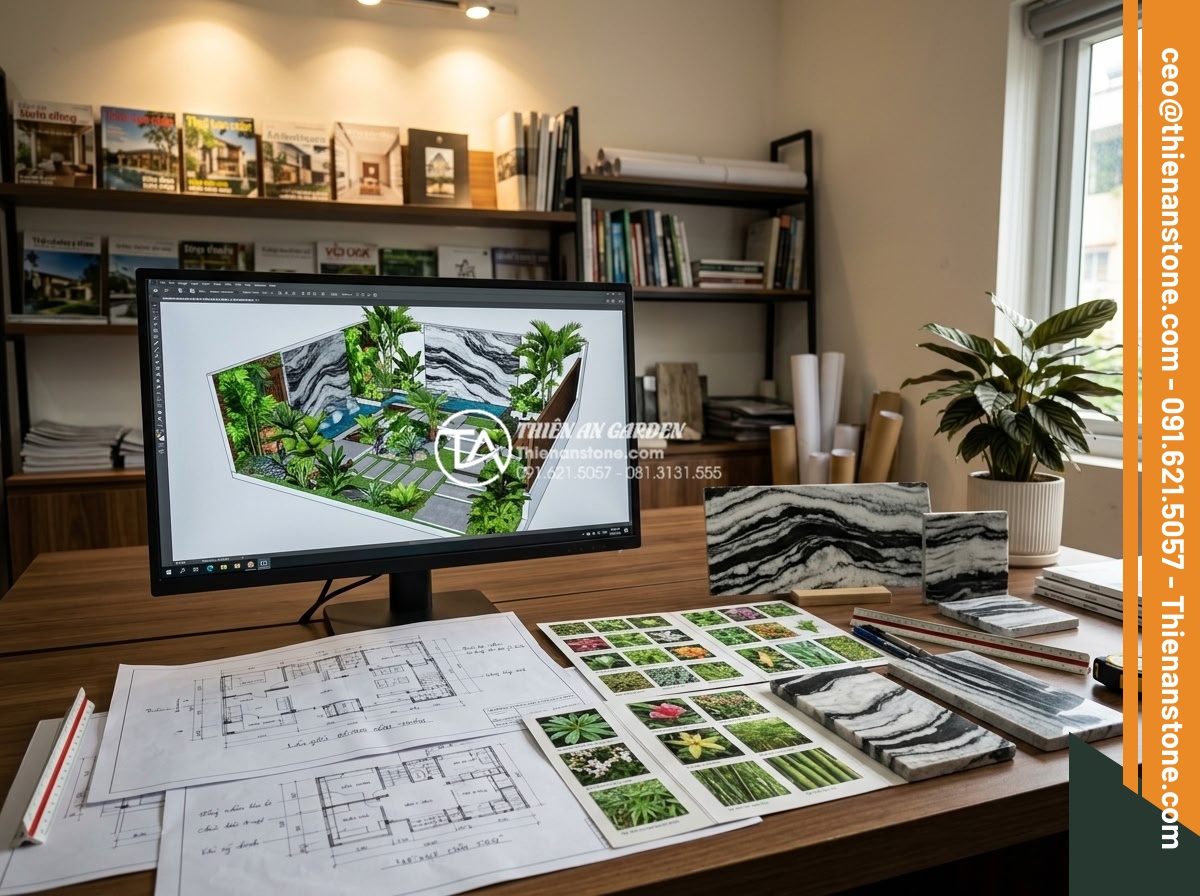 Thiết Kế Sân Vườn - Architecture studio workspace showing 3D rendering of a luxury garden design on 