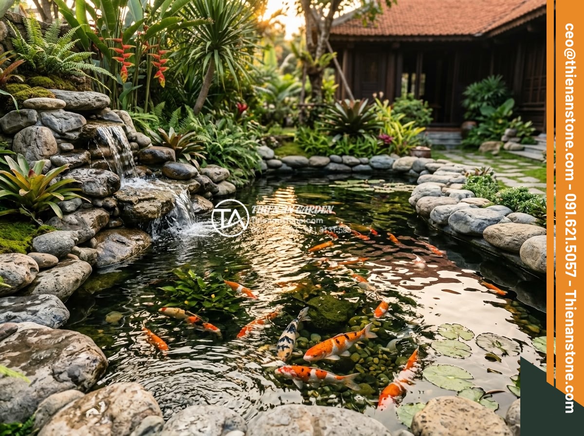 Thiết Kế Sân Vườn - Stunning koi pond in a luxury Vietnamese villa garden, natural stone borders han