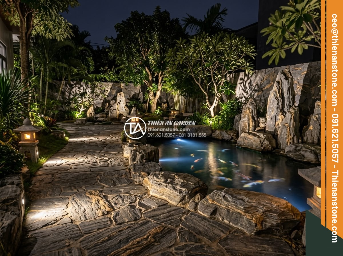 Thiết Kế Sân Vườn - Magical nighttime Vietnamese garden scene with professional landscape lighting, 