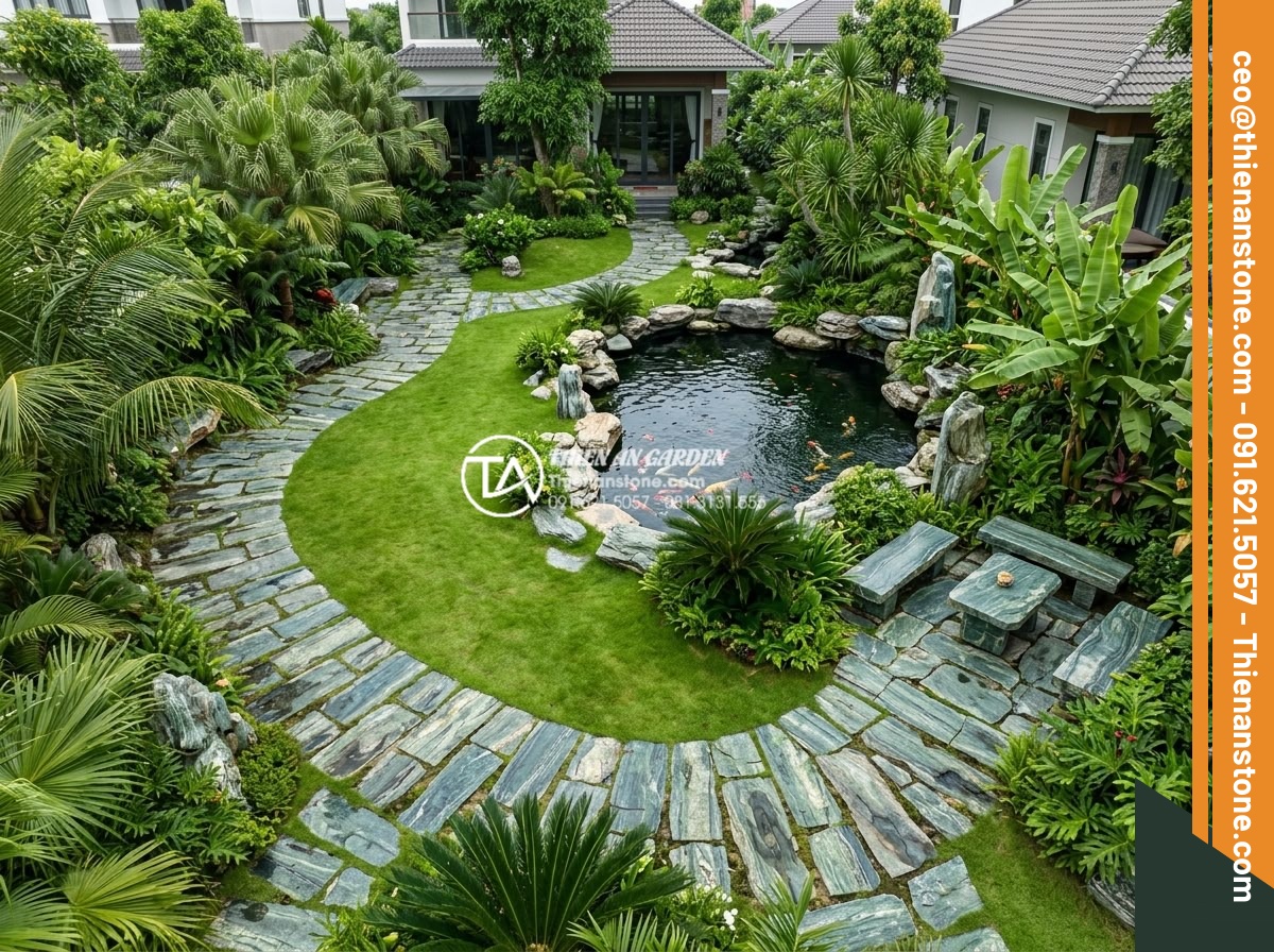 Thiết Kế Sân Vườn - Aerial view of a completed Vietnamese luxury garden design with stone pathways w