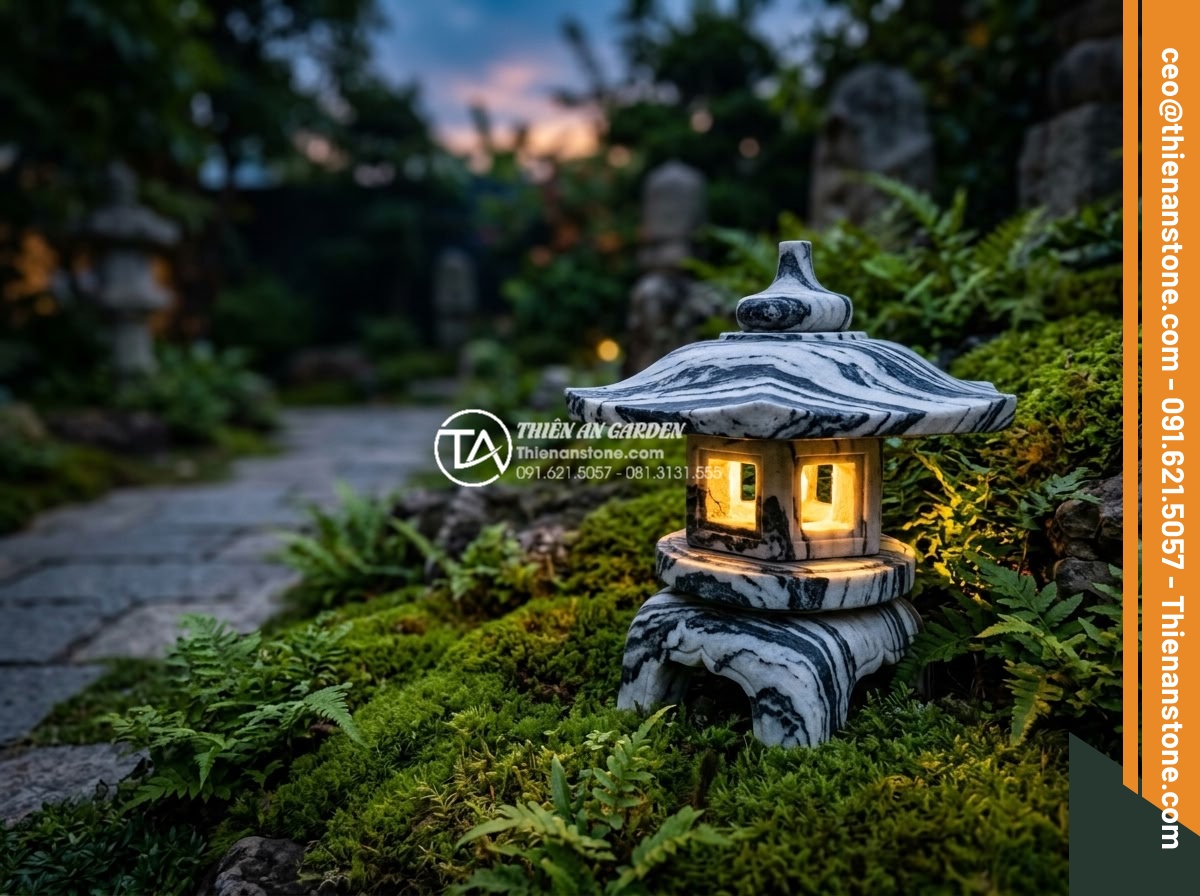 Thiết Kế Sân Vườn - Close-up of a natural stone Japanese lantern in a garden at dusk, warm light ema
