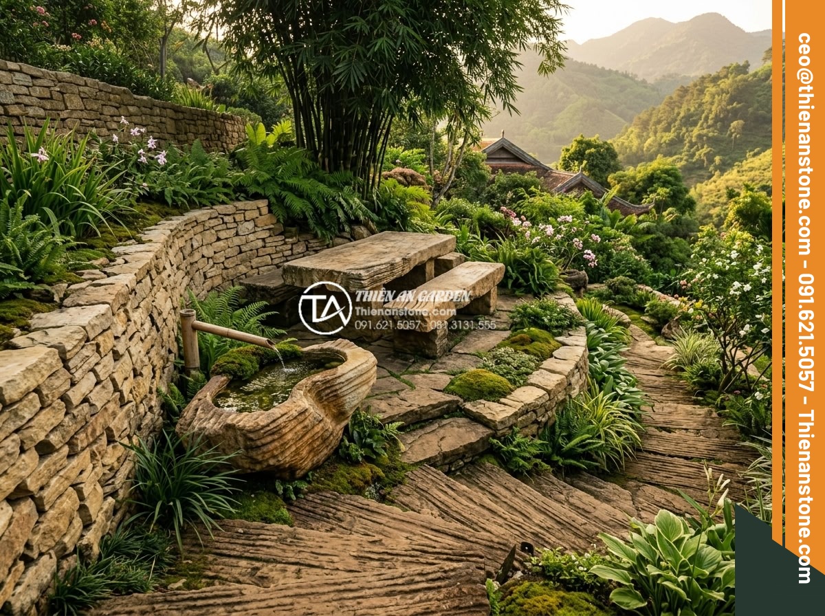 Thiết Kế Sân Vườn - Collection of stone garden accessories in a luxury landscape setting, including 