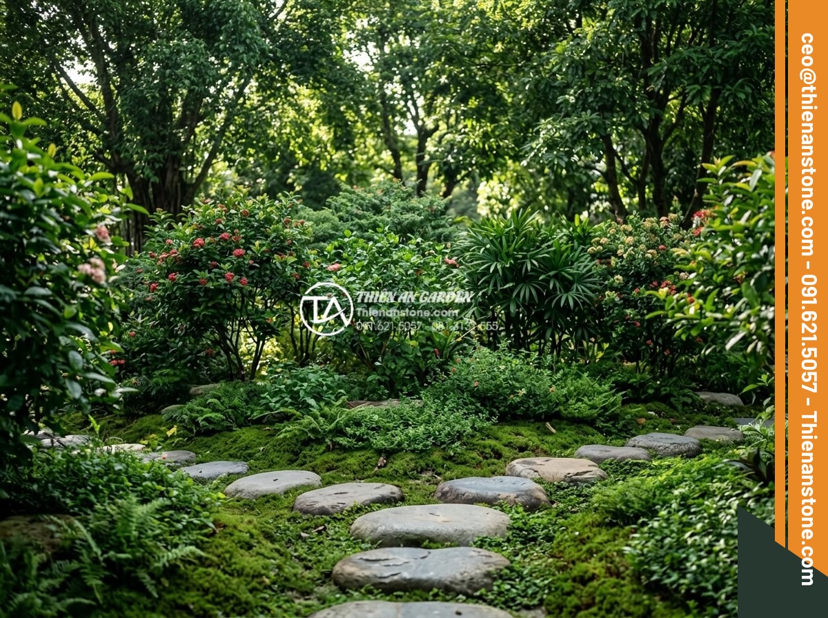 Thiết Kế Sân Vườn - Layered planting design in a Vietnamese garden showing three tiers of vegetation