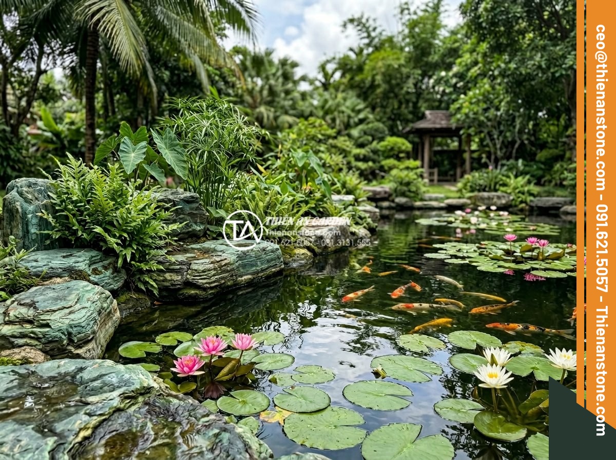 Thiết Kế Sân Vườn - Tropical water plants arranged along the edge of a koi pond with natural stone b