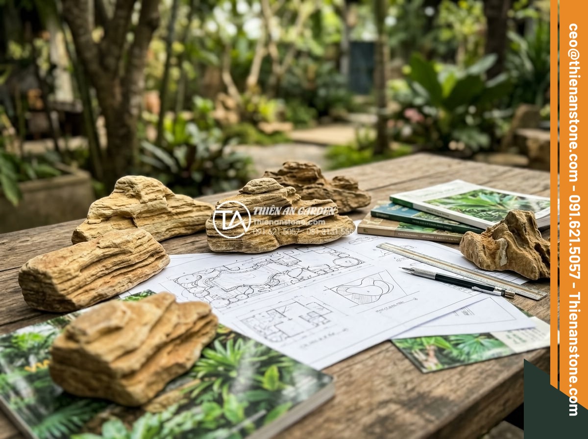 Thiết Kế Sân Vườn - Close-up of a landscape architect reviewing garden design blueprints on a wooden