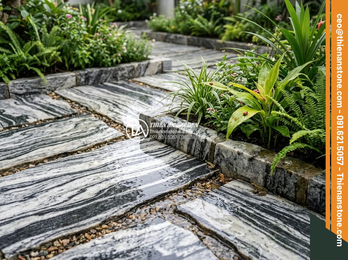 Thiết Kế Sân Vườn - Sustainable luxury garden showcasing natural stone materials, rainwater percolat