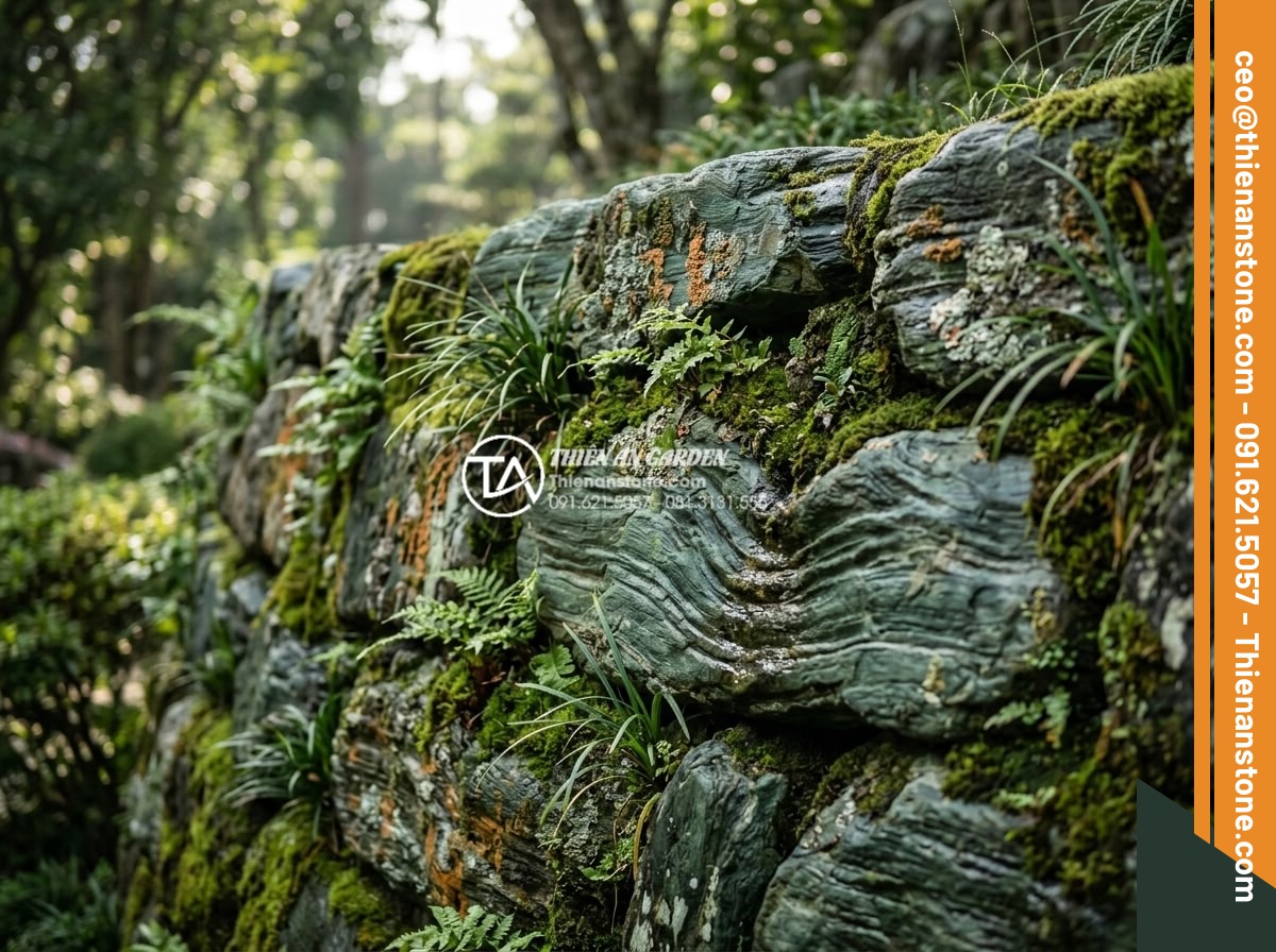 Thiết Kế Sân Vườn - Beautiful aged natural stone retaining wall in a garden with moss, lichens, and 