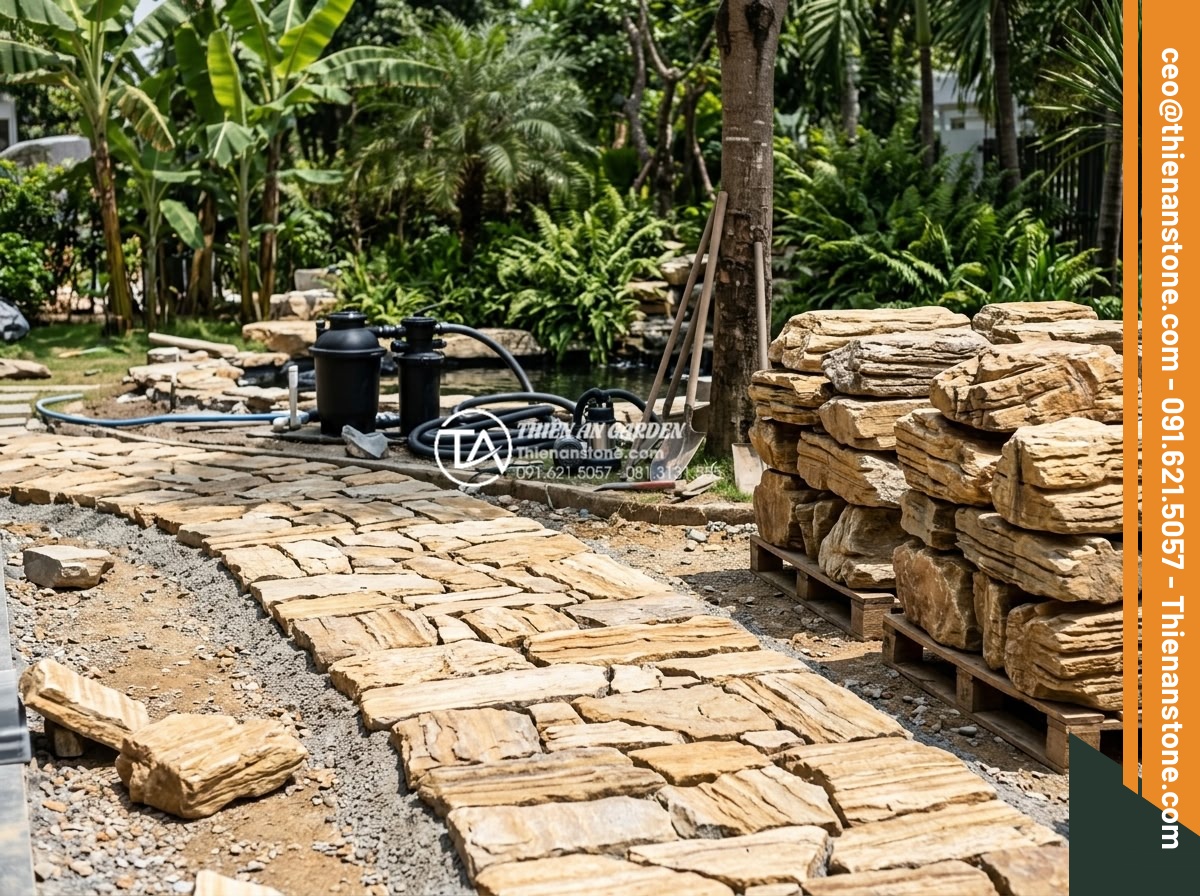 Thiết Kế Sân Vườn - Professional garden construction team working on a luxury landscape project, one