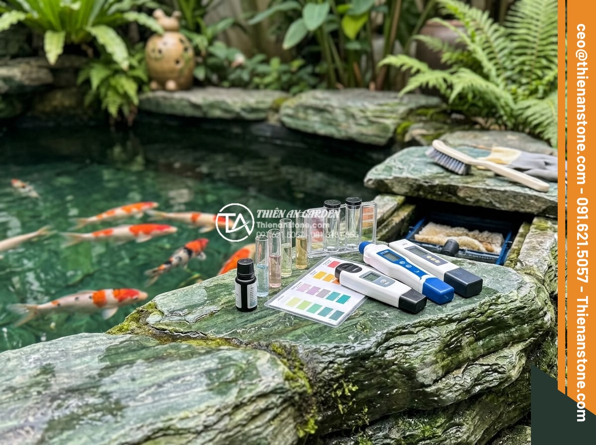 Thiết Kế Sân Vườn - Close-up of a professional checking koi pond water quality with testing equipmen