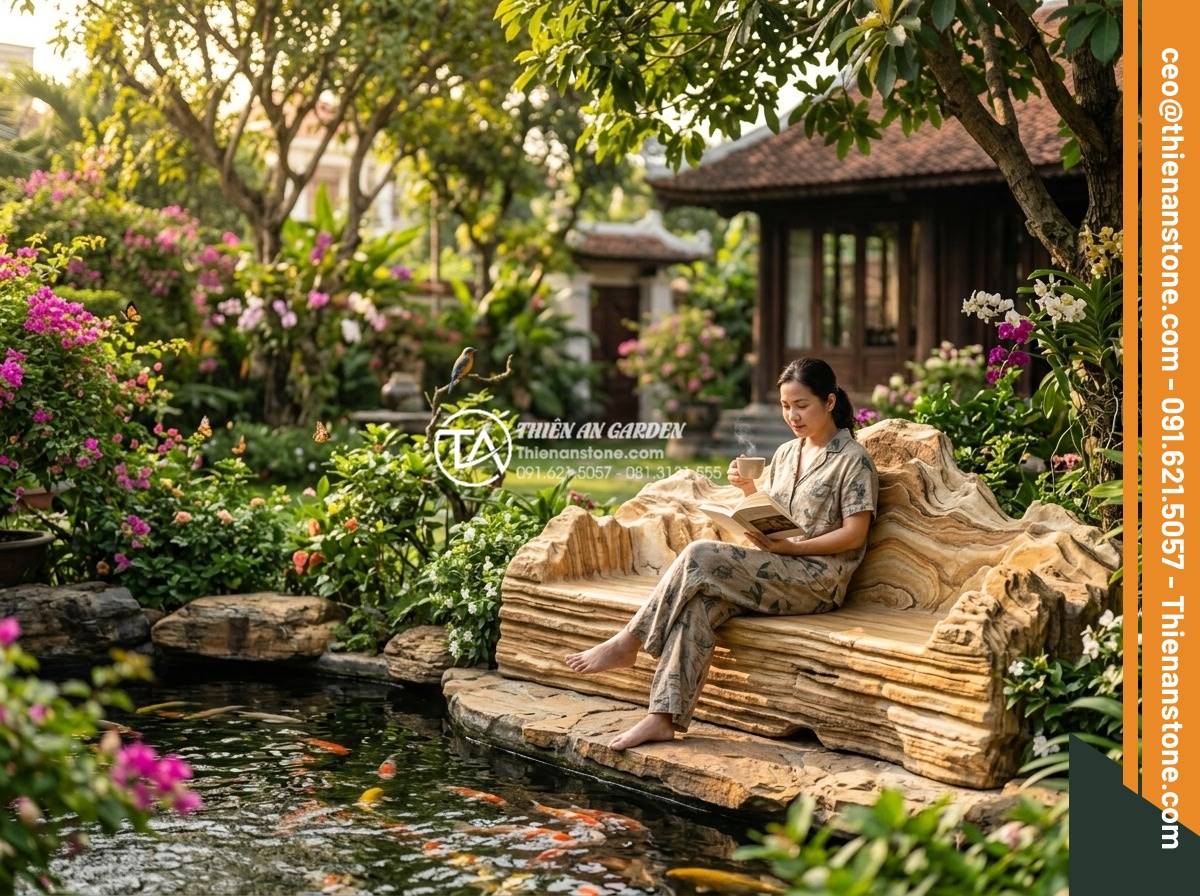 Thiết Kế Sân Vườn - Peaceful weekend morning scene in a Vietnamese villa garden, homeowner sitting o