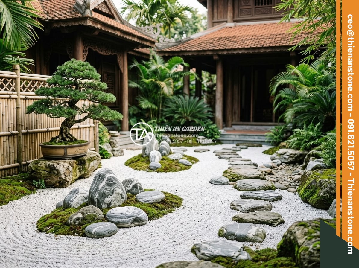 Thiết Kế Sân Vườn - Ultra realistic Japanese zen garden design in a Vietnamese villa setting, natura