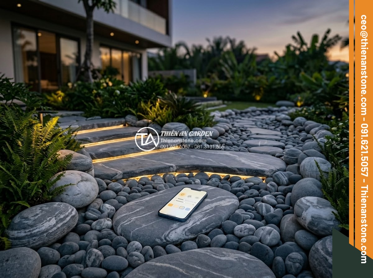 Thiết Kế Sân Vườn - Futuristic smart garden concept in a Vietnamese luxury villa, hidden automated i