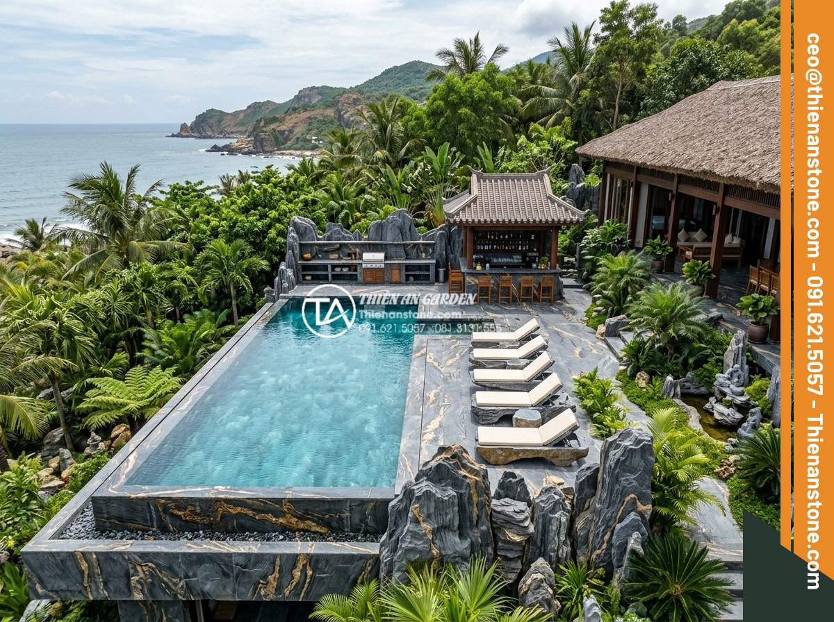 Thiết Kế Sân Vườn - Resort-style Vietnamese villa outdoor living with infinity pool bordered by natu