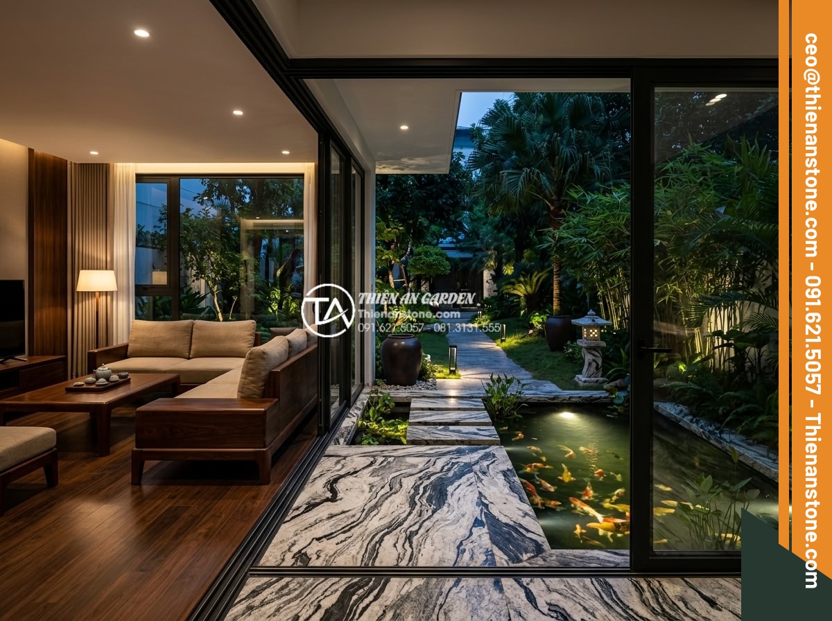 Thiết Kế Sân Vườn - Evening view from inside a luxury Vietnamese living room looking out through flo