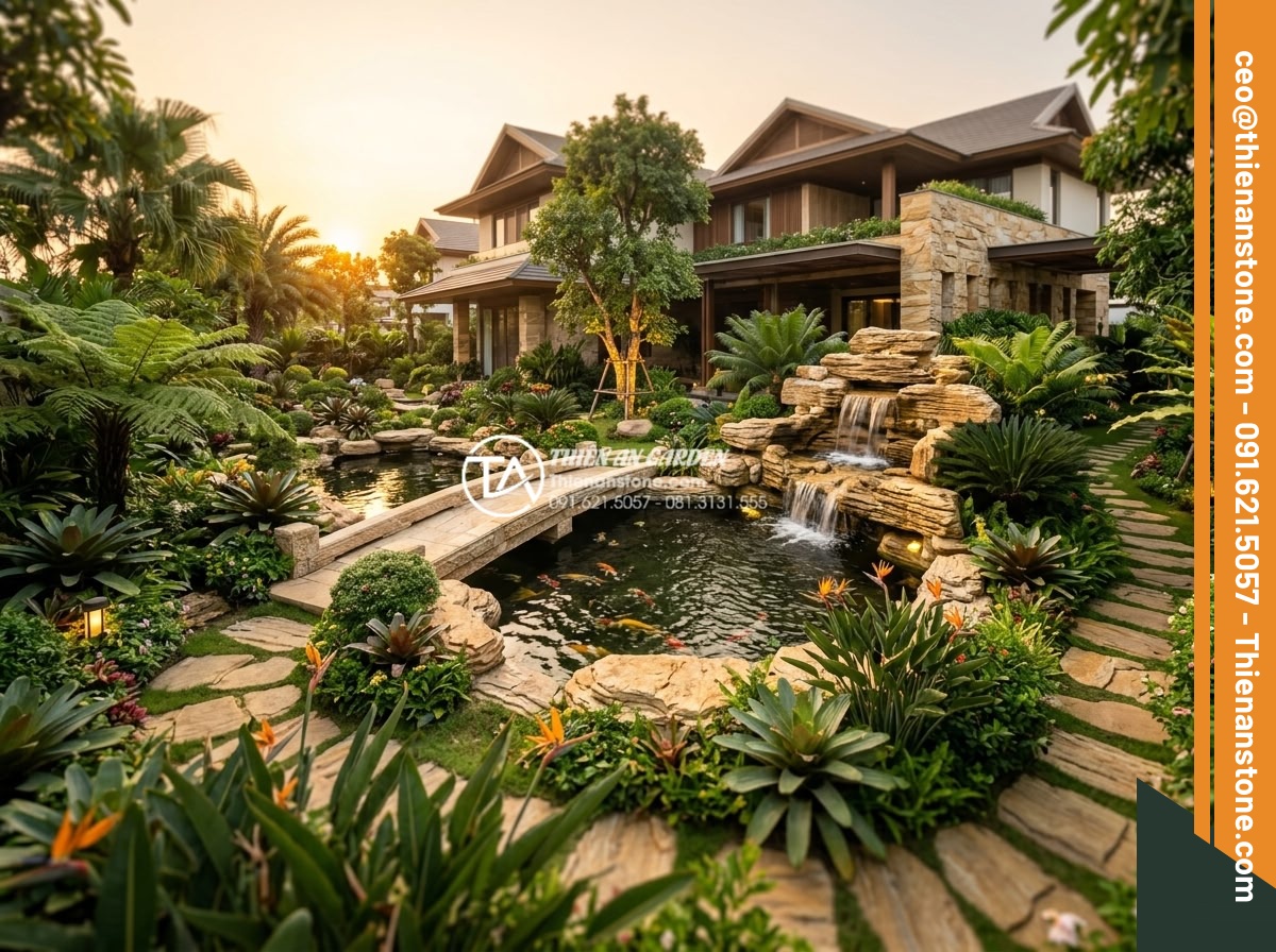 Thiết Kế Sân Vườn - Final panoramic shot of a stunning completed Vietnamese luxury villa garden at g