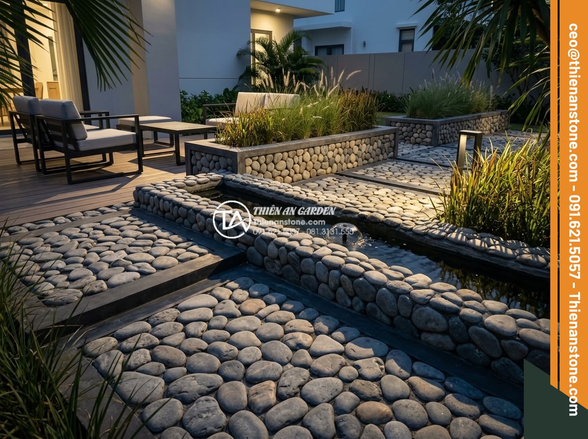 Thiết Kế Sân Vườn - Modern minimalist garden design with geometric stone paving patterns, clean-cut 
