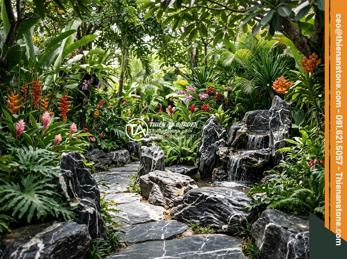Thiết Kế Sân Vườn - Lush tropical garden design in Vietnam with layered planting, large natural ston