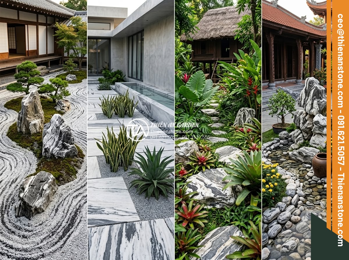 Thiết Kế Sân Vườn - Comparison layout showing four different garden design styles side by side, Japa