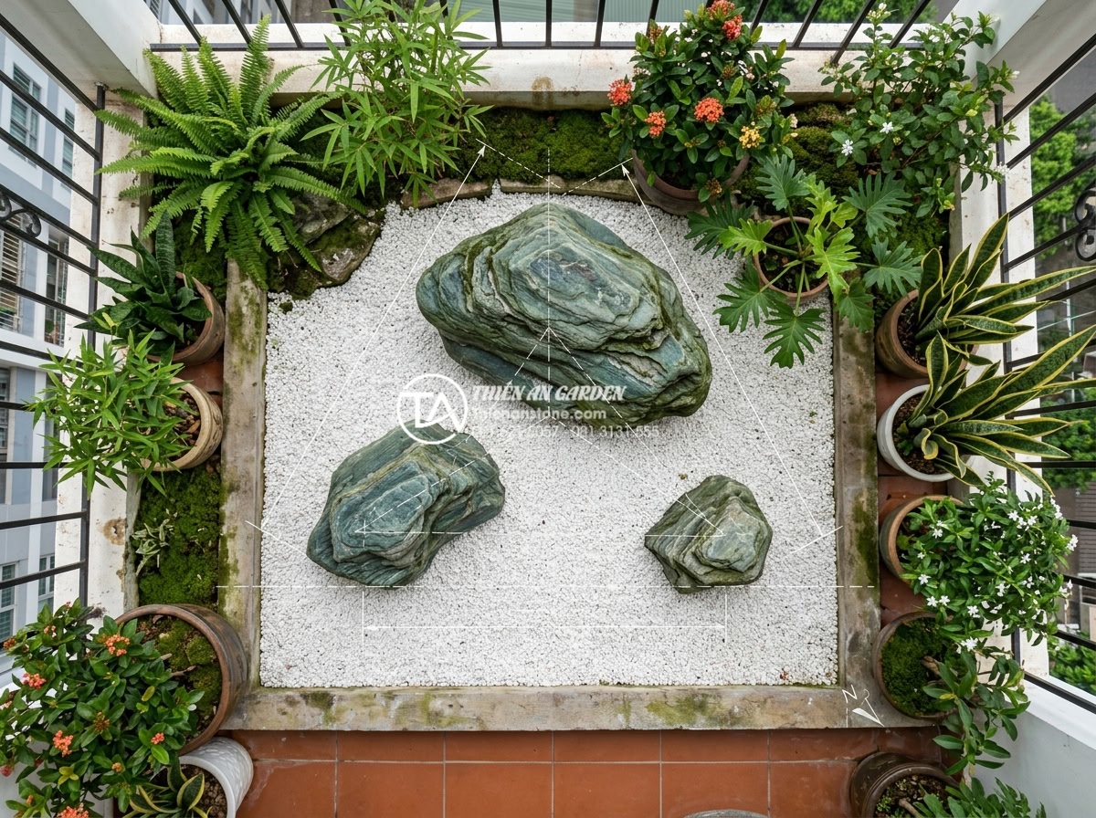 Tiểu Cảnh Ban Công - Diagram style overhead view of triangular stone arrangement on balcony garden, t