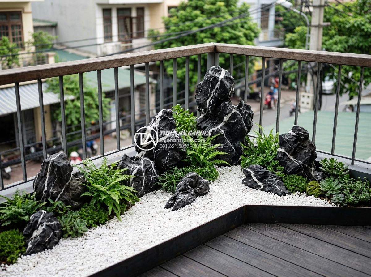 Tiểu Cảnh Ban Công - Well-proportioned balcony garden showing ideal ratio of open space to stone and 