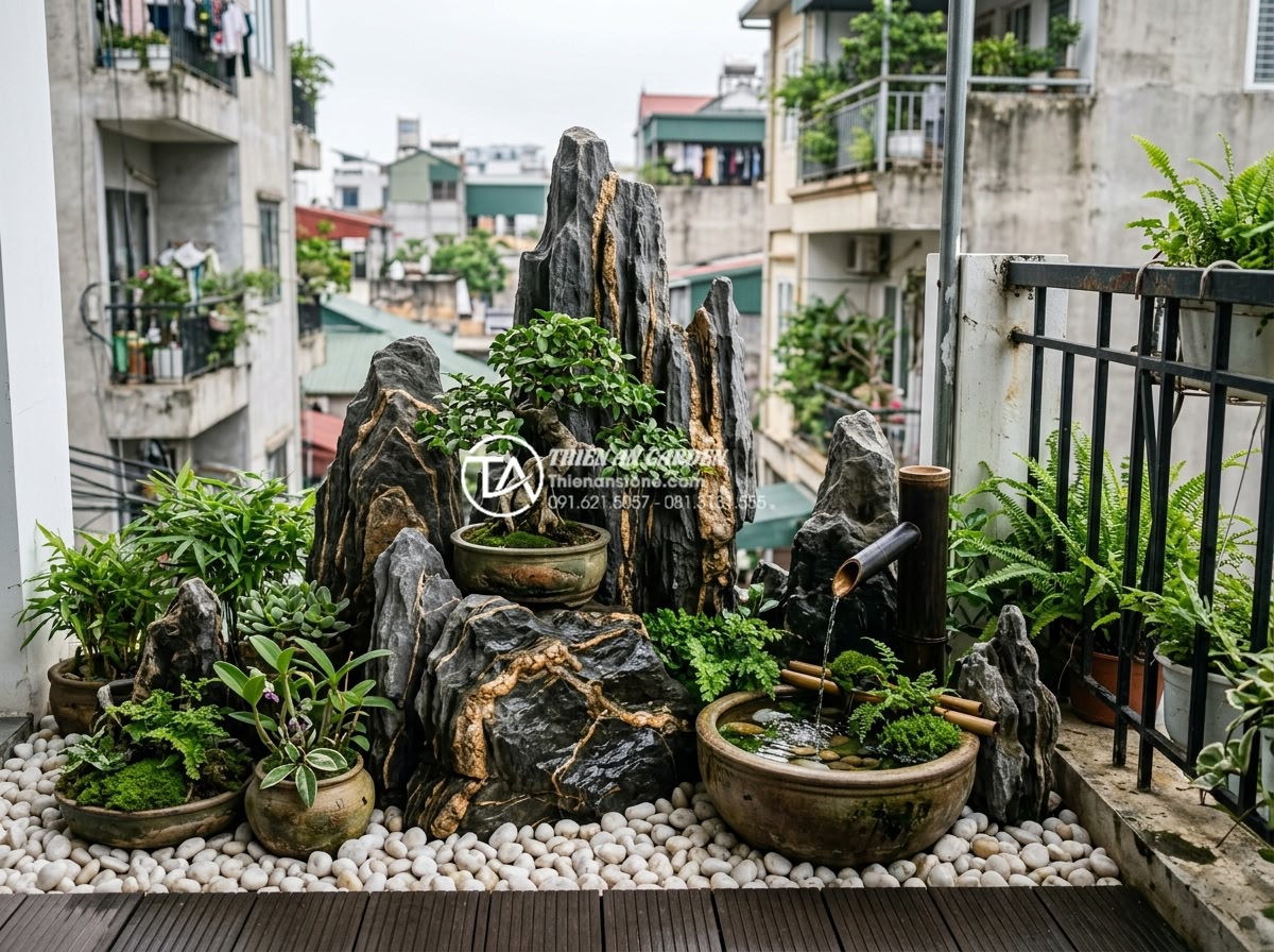 Tiểu Cảnh Ban Công - Compact balcony garden design with layered natural stones, miniature bonsai tree