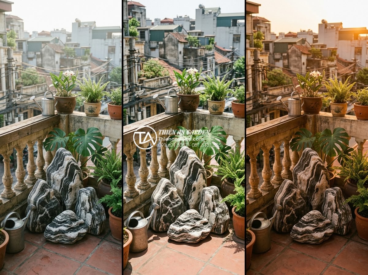 Tiểu Cảnh Ban Công - Time lapse style comparison of balcony garden in different lighting conditions, 