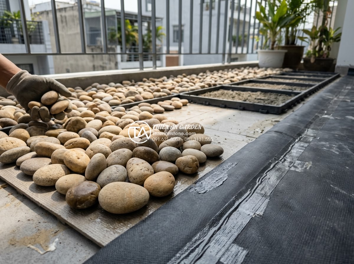 Tiểu Cảnh Ban Công - Professional landscape worker installing balcony garden, waterproofing membrane 