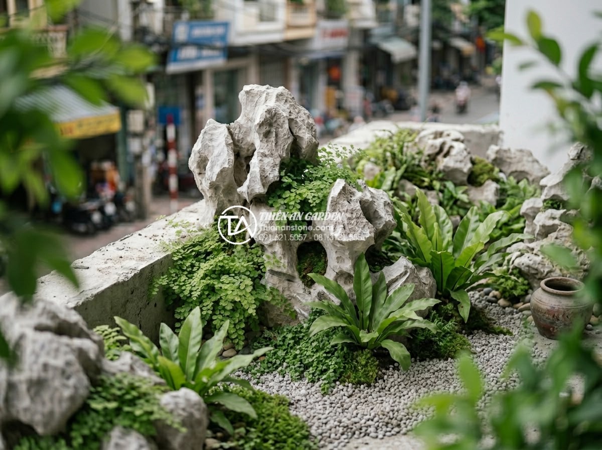 Tiểu Cảnh Ban Công - Step by step balcony garden construction process, stones being positioned first 
