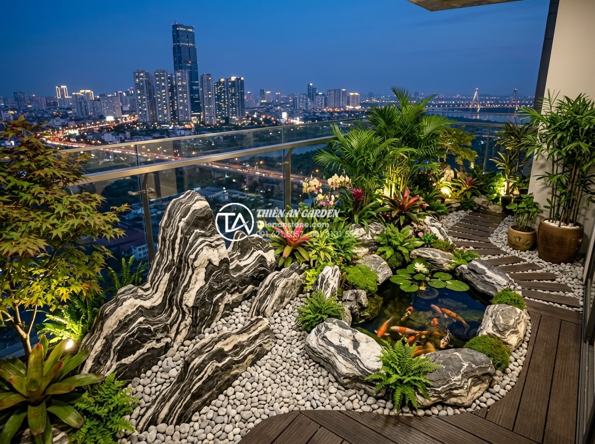 Tiểu Cảnh Ban Công - Wide angle view of a modern apartment balcony transformed into a miniature zen g