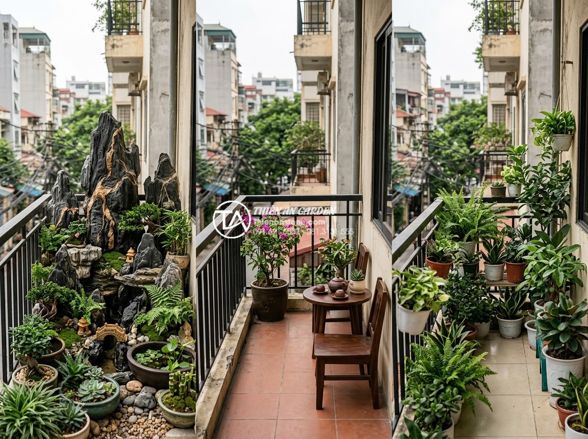 Tiểu Cảnh Ban Công - Side by side comparison of three different balcony decoration approaches, one wi