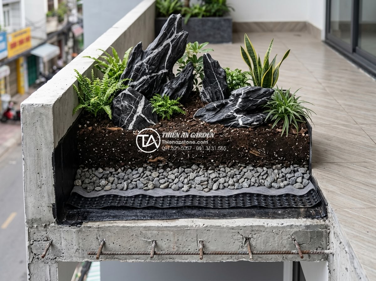 Tiểu Cảnh Ban Công - Cross section view of balcony garden construction showing waterproof layer, drai