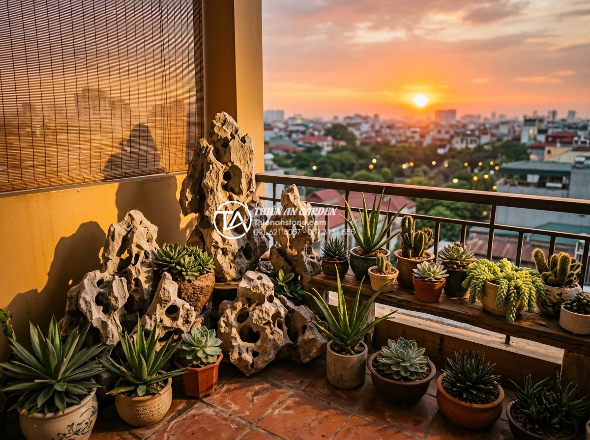 Tiểu Cảnh Ban Công - West facing balcony garden bathed in dramatic golden sunset light, heat resistan