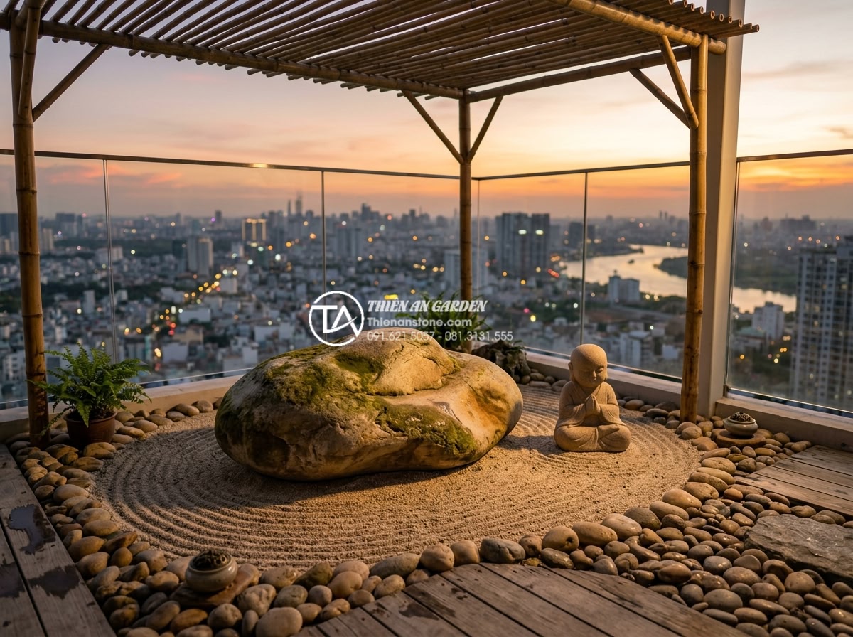 Tiểu Cảnh Ban Công - Penthouse balcony meditation garden at golden hour, large ancient stone with mos