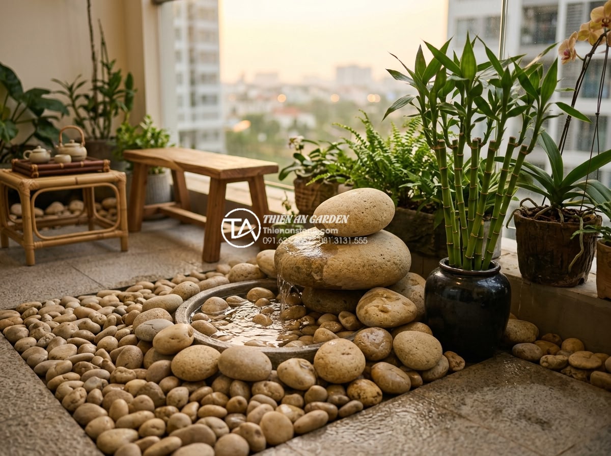 Tiểu Cảnh Ban Công - Feng shui balcony garden design with flowing water element, natural stone arrang