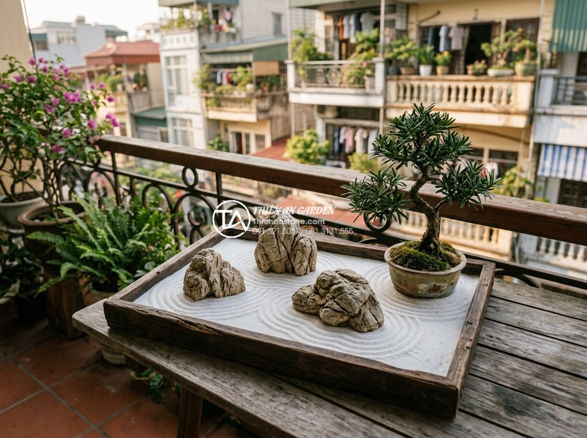 Tiểu Cảnh Ban Công - Japanese zen garden miniature on apartment balcony, white sand with raked wave p