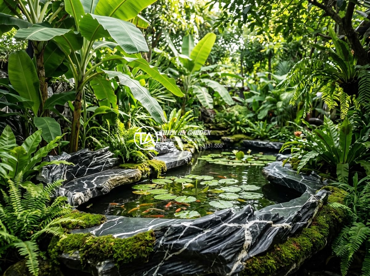 Tiểu Cảnh Bể Cá Sân Vườn - Tropical style garden fish pond landscape overflowing with lush vegetation, bana