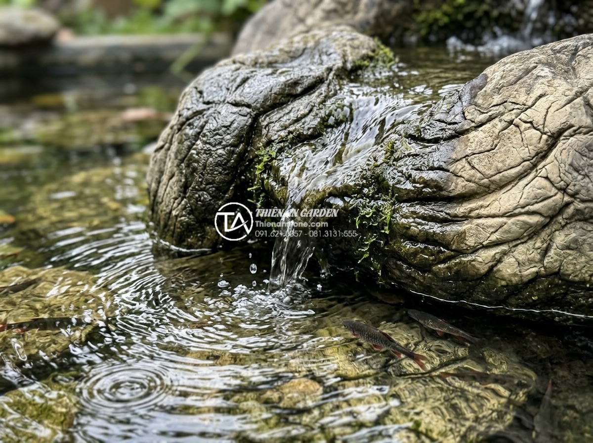 Tiểu Cảnh Bể Cá Sân Vườn - Detail shot of water flowing over natural stone surface in a garden fish pond, w