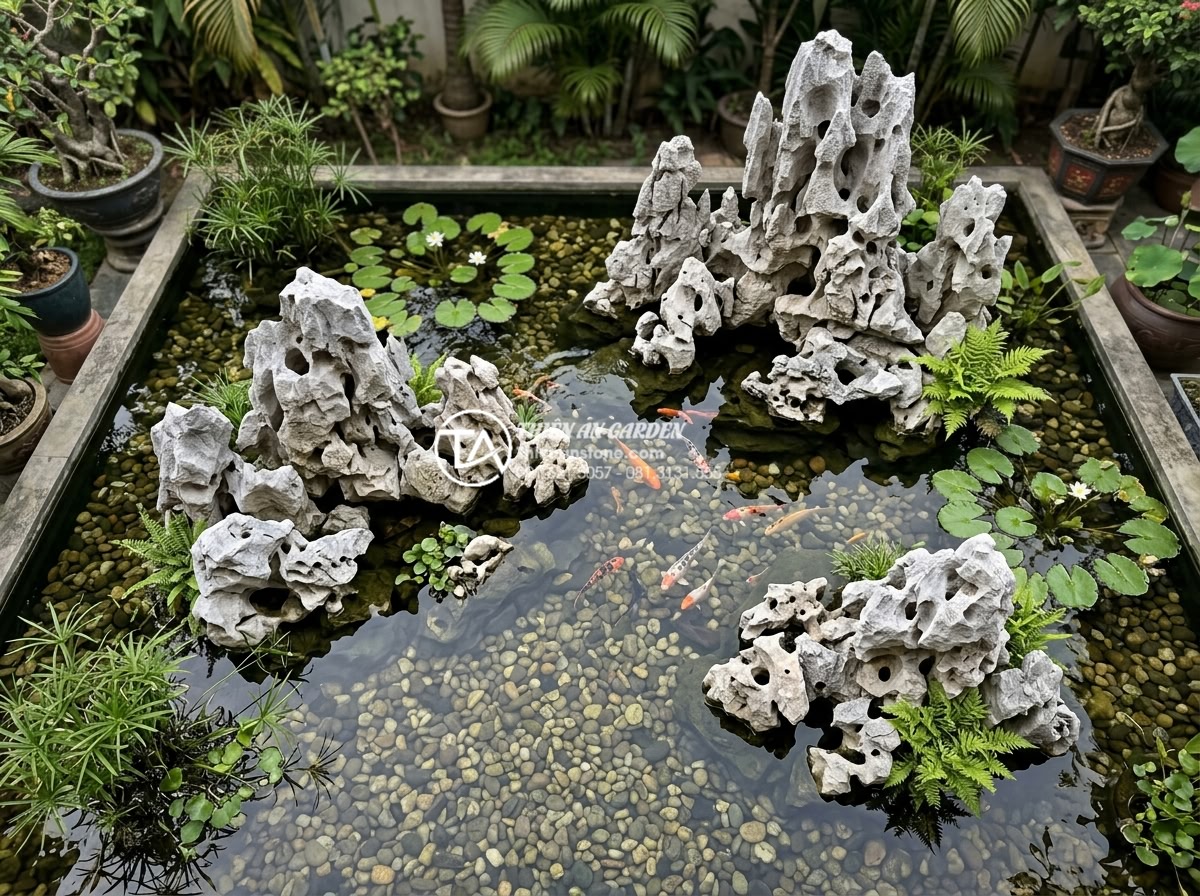 Tiểu Cảnh Bể Cá Sân Vườn - Overhead view of a garden fish pond showing artistic stone arrangement following