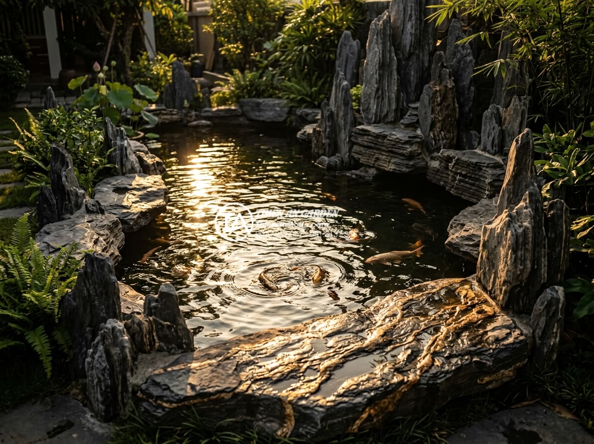 Tiểu Cảnh Bể Cá Sân Vườn - Garden fish pond at golden hour with dramatic sunlight reflections on water surf