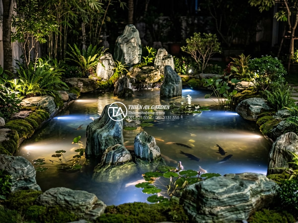 Tiểu Cảnh Bể Cá Sân Vườn - Night scene of a garden fish pond with underwater LED lighting in warm white and