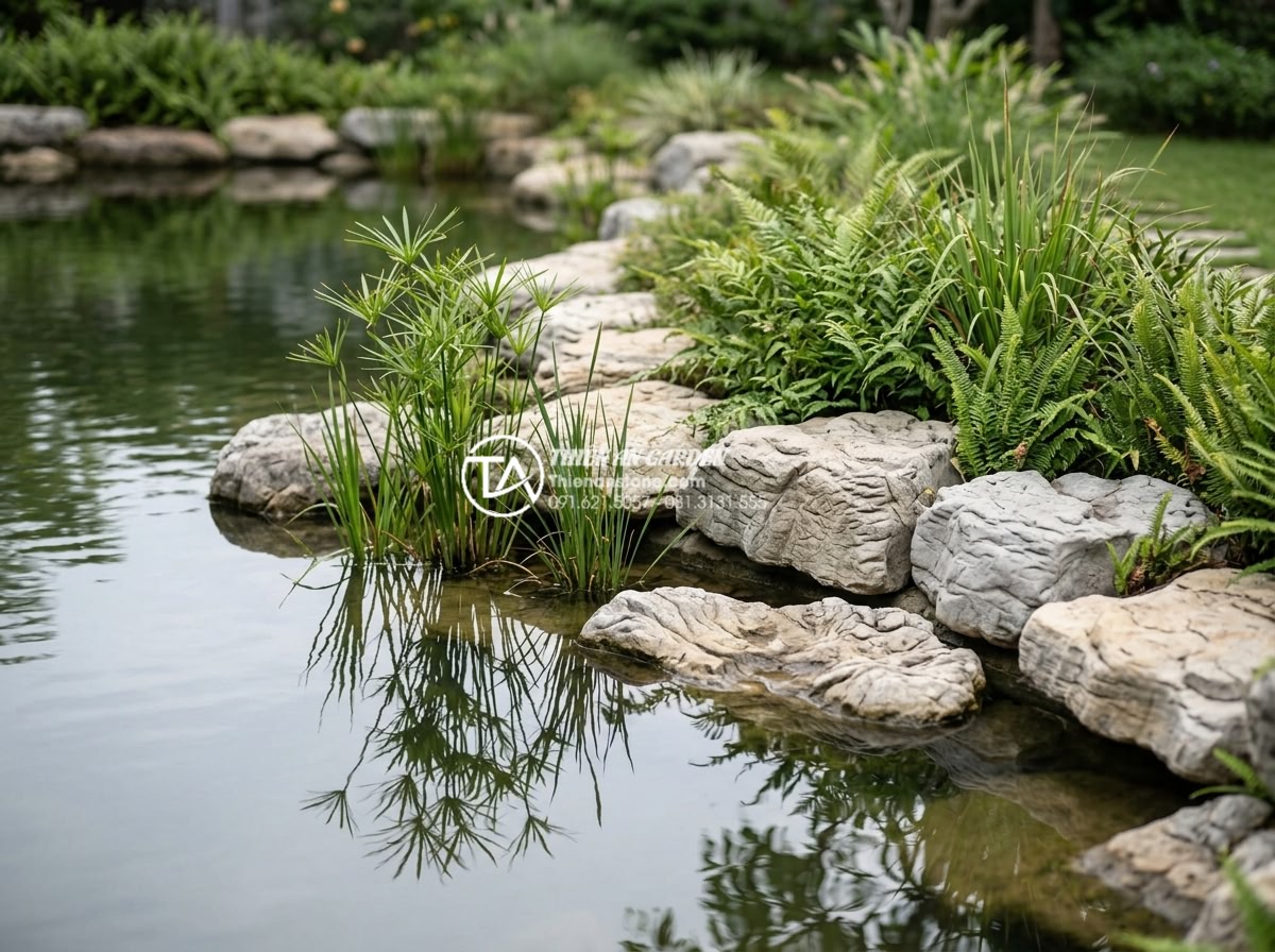 Tiểu Cảnh Bể Cá Sân Vườn - Edge of a garden fish pond showing transition zone between water and land, margi