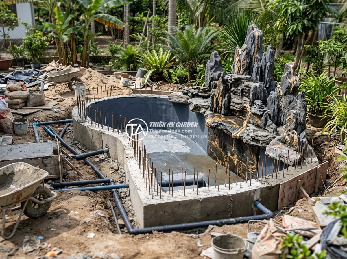 Tiểu Cảnh Bể Cá Sân Vườn - Construction phase of a garden fish pond, workers building concrete structure fo