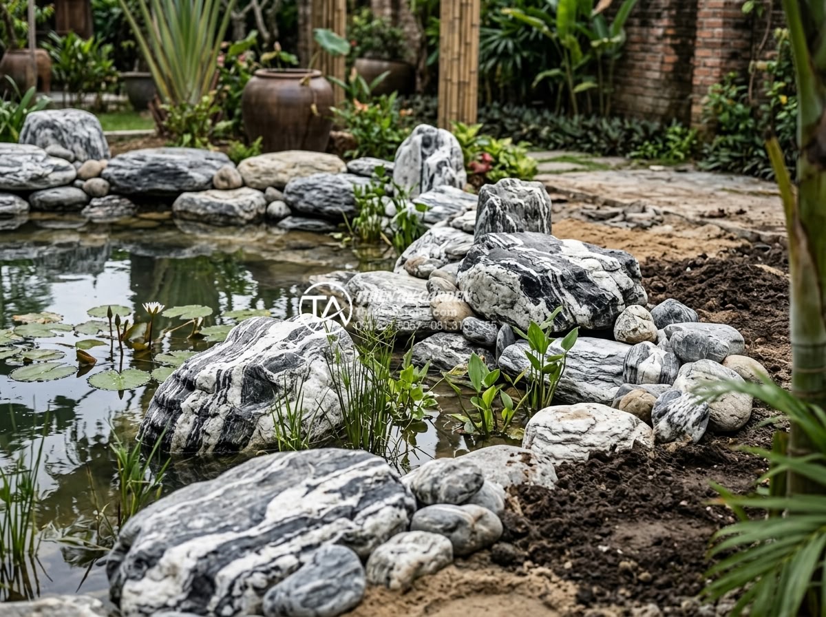 Tiểu Cảnh Bể Cá Sân Vườn - Landscaping phase of garden fish pond construction, craftsman carefully placing 
