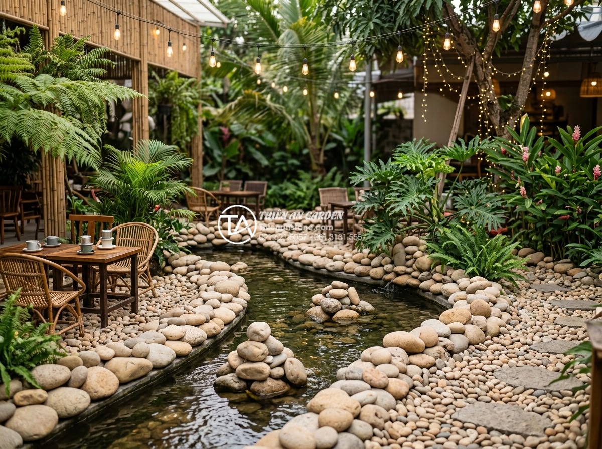 Tiểu Cảnh Bể Cá Sân Vườn - Garden cafe with beautiful fish pond miniature landscape as central feature, out